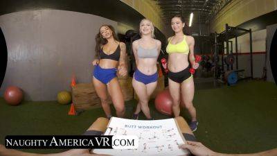 April Olsen - Jazlyn Ray - Jasmine Wilde - Gym girls Jazlyn Ray, April Olsen, and Jasmine Wilde take turns squating on their personal trainer's thick cock - hotmovs.com