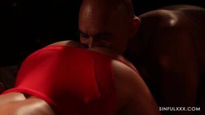 MILF in red lingerie against two muscular machos - anysex.com